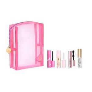 Too Faced Pink Mesh Cosmetic Bag with Mini Makeup Set